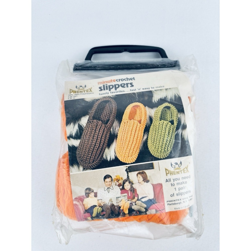 Vintage Phentex Minute Crochet Slippers kit- Orange - New - 70s - MCM Retro